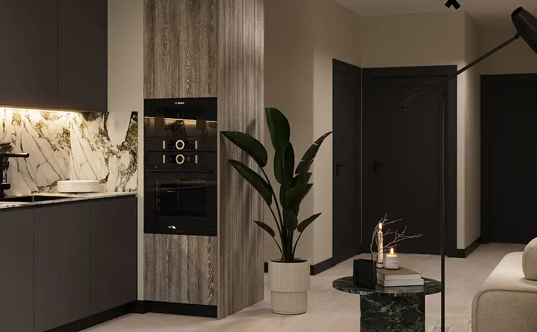 Nowoczesna kuchnia w stylu eklektycznym z glamour, minimalistycznymi detalami.