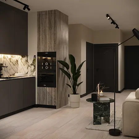 Nowoczesna kuchnia w stylu eklektycznym z glamour, minimalistycznymi detalami.