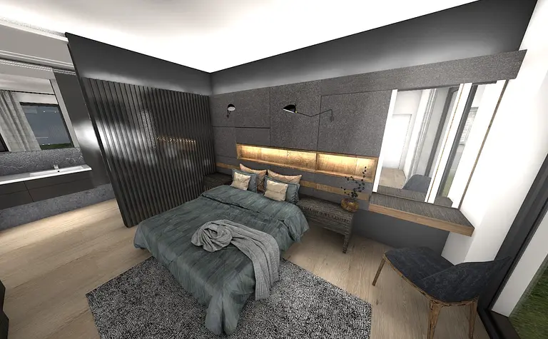 Wnętrze sypialni z szarymi ścianami i drewnianymi detalami, nowoczesny design.