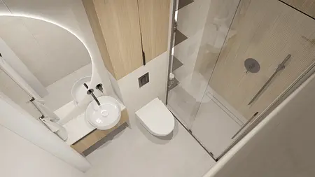 Wnętrze łazienki z minimalistycznym designem, nowoczesne meble i współczesne wykończenia.