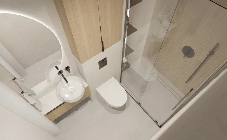 Wnętrze łazienki z minimalistycznym designem, nowoczesne meble i współczesne wykończenia.