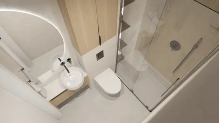 Wnętrze łazienki z minimalistycznym designem, nowoczesne meble i współczesne wykończenia.