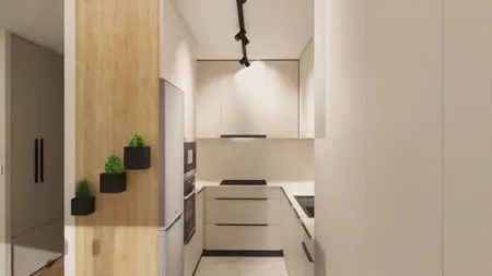 Kuchnia w stylu minimalistycznym z białymi meblami, drewnianymi detalami i nowoczesnym wykończeniem.