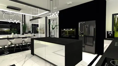 Wnętrze kuchni w stylu art deco i glamour z czarnymi meblami i białymi detalami.
