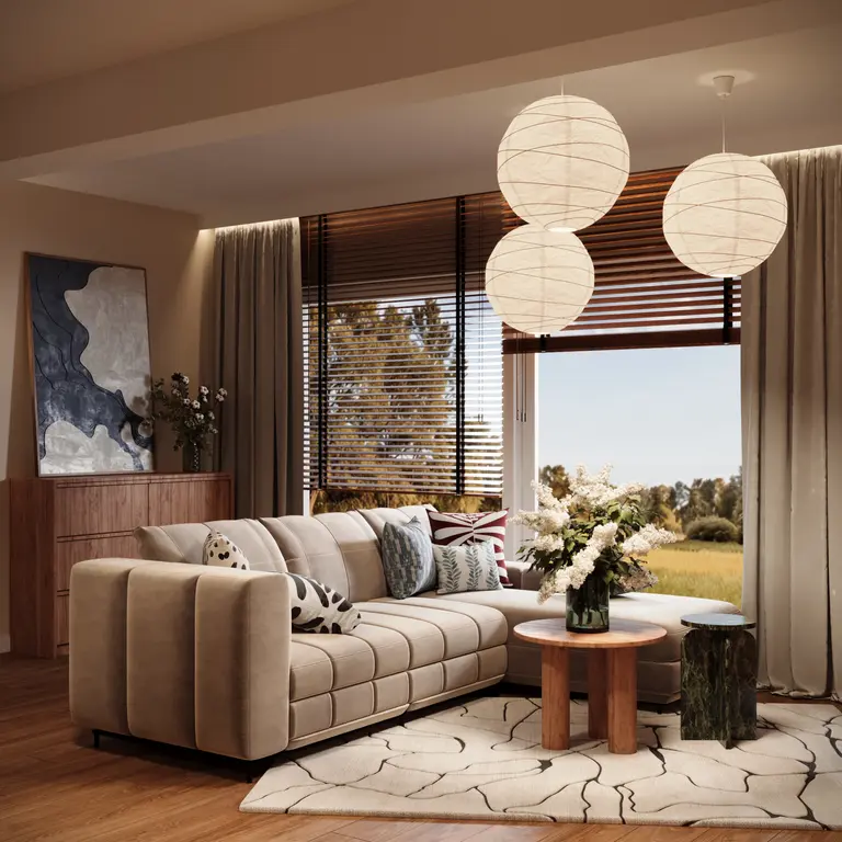 Wnętrze salonu w stylu dopamine decor, eklektycznym i współczesnym z beżową sofą.