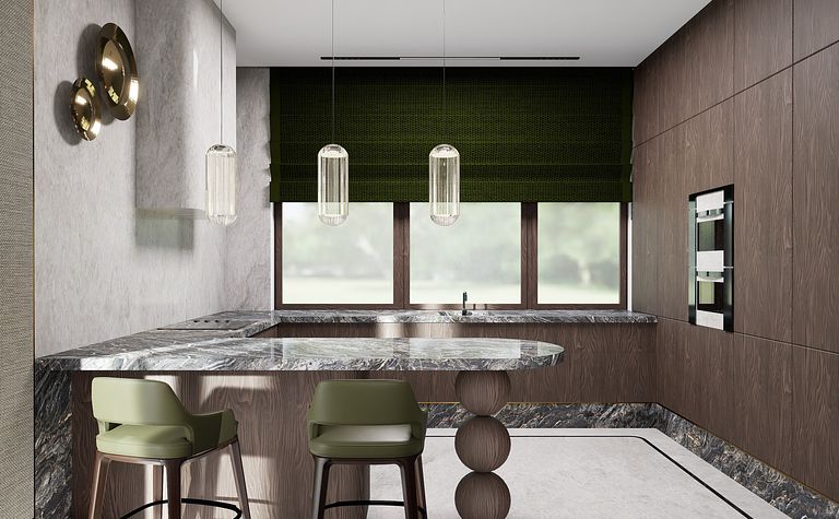 Nowoczesna kuchnia z eklektycznymi elementami, marmurowym blatem i zielonymi zasłonami.