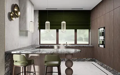 Nowoczesna kuchnia z eklektycznymi elementami, marmurowym blatem i zielonymi zasłonami.