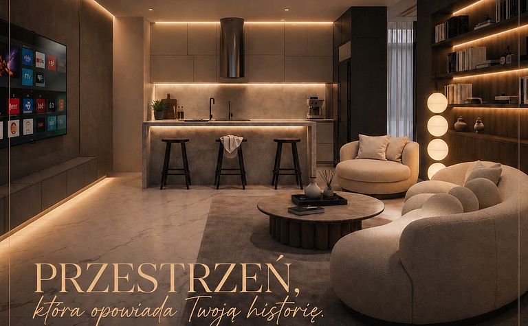 Salon w stylu soft minimalizm i współczesnym z jasnymi meblami i ciepłym oświetleniem.