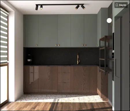 Nowoczesna kuchnia w stylu dopamine decor z szarymi meblami i brązowym blatem.