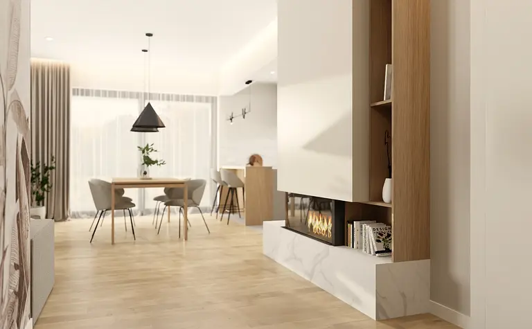 Wnętrze salonu w stylu japandi z minimalistycznymi meblami, dużymi oknami i drewnianymi akcentami.