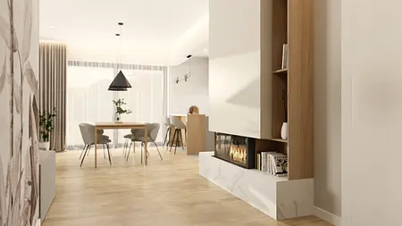 Wnętrze salonu w stylu japandi z minimalistycznymi meblami, dużymi oknami i drewnianymi akcentami.