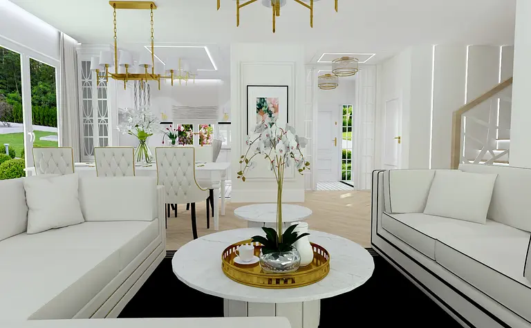Wnętrze salonu z białymi meblami, złotymi detalami i dużymi oknami.