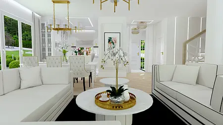 Wnętrze salonu z białymi meblami, złotymi detalami i dużymi oknami.