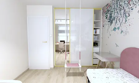 Pokój dziecięcy z huśtawką, biurkiem i szafą, styl współczesny.