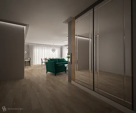 Wnętrze przedpokoju z zieloną sofą, dużym lustrem i jasnymi zasłonami, w stylu glamour i nowoczesnym.