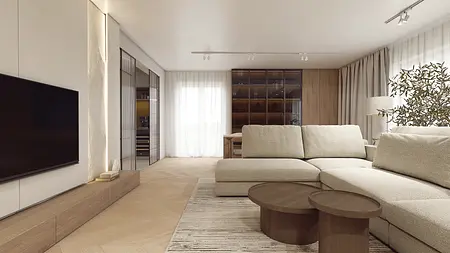 Wnętrze salonu w stylu minimaluxe i nowoczesnym z beżową sofą.