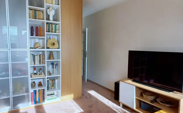 Wnętrze nowoczesnego salonu w stylu soft minimalizm z regałem i telewizorem.