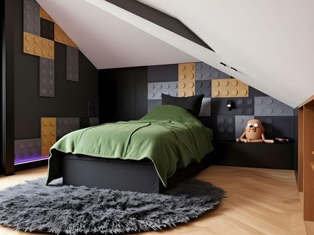 Pokój na poddaszu z zieloną pościelą i zabawką, nowoczesny design.