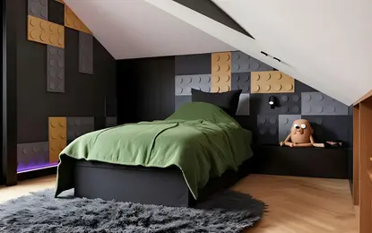 Pokój na poddaszu z zieloną pościelą i zabawką, nowoczesny design.