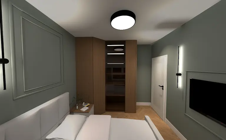 Współczesna sypialnia z szarymi ścianami i drewnianymi detalami.