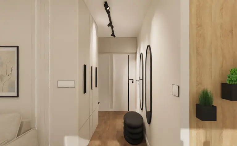 Przedpokój w stylu minimalistycznym z beżowymi ścianami, drewnianą podłogą i nowoczesnymi akcentami.