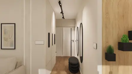 Przedpokój w stylu minimalistycznym z beżowymi ścianami, drewnianą podłogą i nowoczesnymi akcentami.