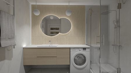 Nowoczesna łazienka z minimalistycznym detalem i drewnianymi akcentami