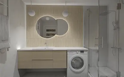 Nowoczesna łazienka z minimalistycznym detalem i drewnianymi akcentami
