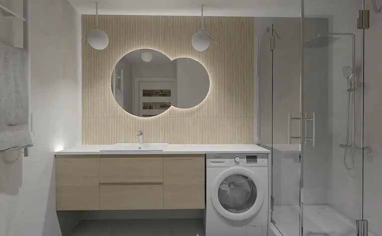 Nowoczesna łazienka z minimalistycznym detalem i drewnianymi akcentami