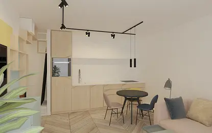 Wnętrze kuchni z drewnianymi meblami, czarnym stołem, minimalistyczne i współczesne.