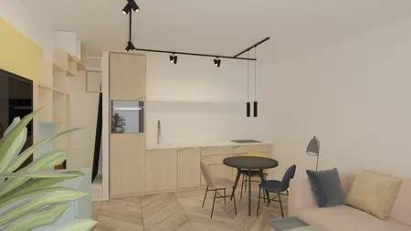 Wnętrze kuchni z drewnianymi meblami, czarnym stołem, minimalistyczne i współczesne.