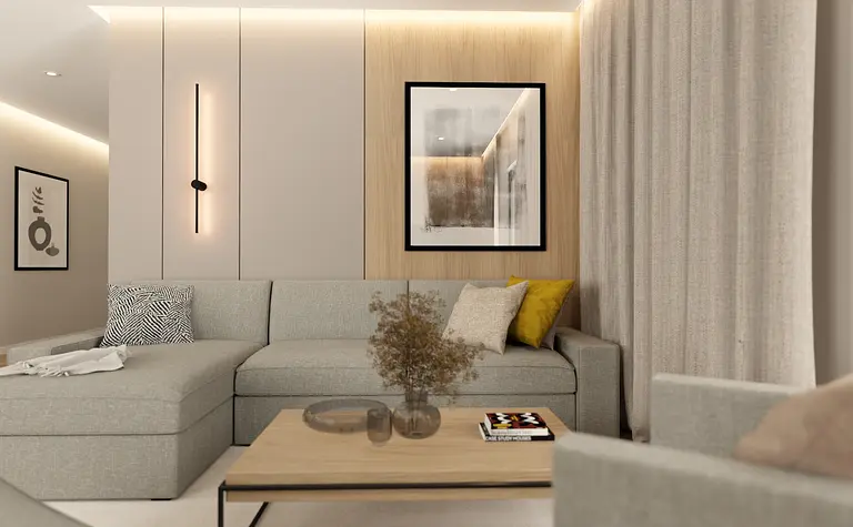 Wnętrze w stylu japandi z minimalistycznym salonem, nowoczesnym oświetleniem i skandynawskimi akcentami.