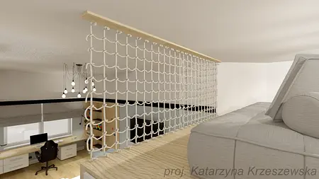 Wnętrze pokoju z biurkiem, podwieszanym łóżkiem i nowoczesnym oświetleniem.