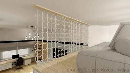 Wnętrze pokoju z biurkiem, podwieszanym łóżkiem i nowoczesnym oświetleniem.