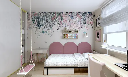 Wnętrze pokoju dziecięcego z różowym łóżkiem, huśtawką i kolorową ścianą.