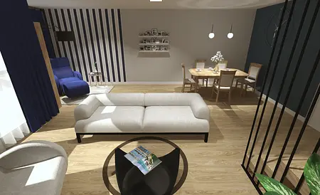 Współczesny salon z szarym narożnikiem i drewnianym stołem, jasne ściany