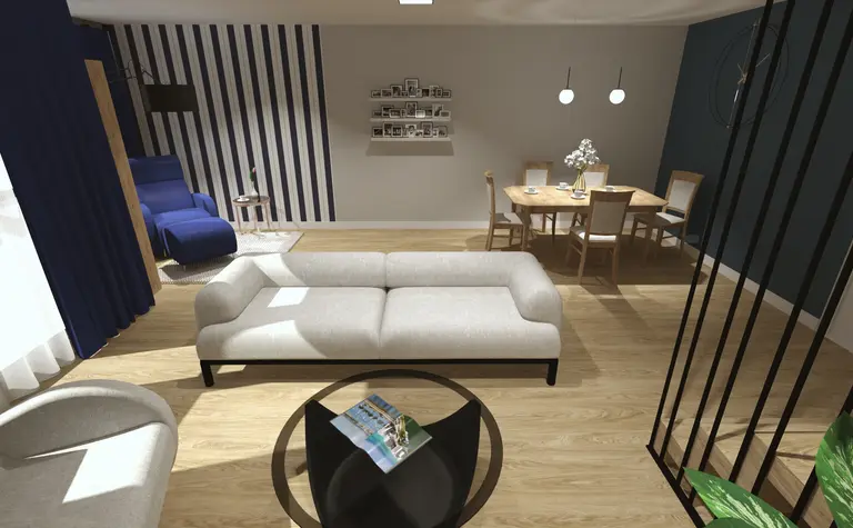 Współczesny salon z szarym narożnikiem i drewnianym stołem, jasne ściany