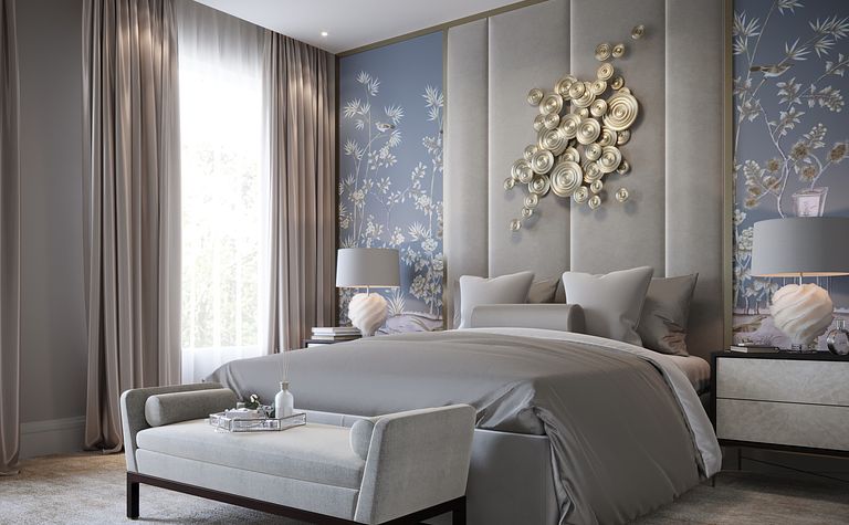 Sypialnia z szarym łóżkiem, niebieskimi ścianami i eleganckimi detalami, styl quiet luxury.