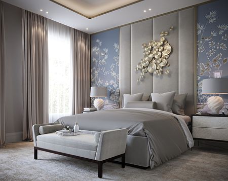 Sypialnia z szarym łóżkiem, niebieskimi ścianami i eleganckimi detalami, styl quiet luxury.