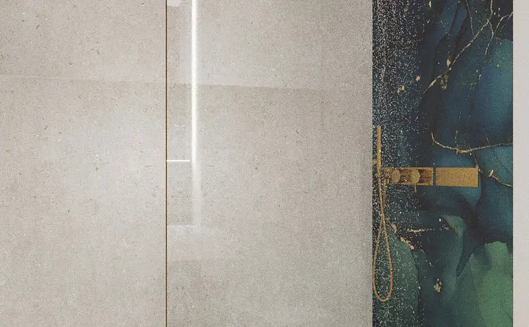 Nowoczesna łazienka z kabiną prysznicową w stylu glamour i eleganckimi detalami.