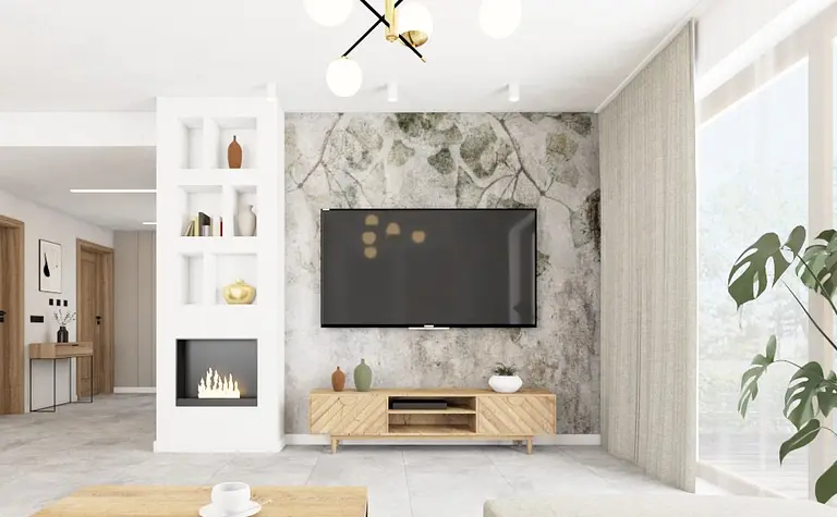 Nowoczesny salon z eklektycznymi meblami, boho i rustykalnymi akcentami