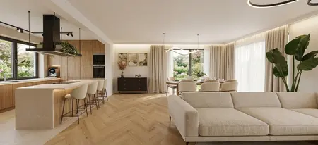 Salon z kuchnią i jadalnią w stylu boho, skandynawskim, tradycyjnym i współczesnym, beżowa sofa, drewno
