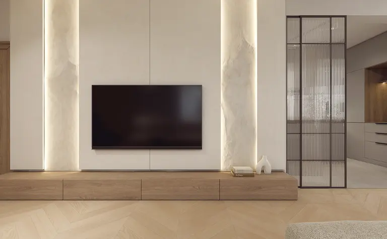 Nowoczesny salon z telewizorem na drewnianej szafce, minimalistyczne detale.