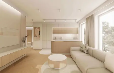 Wnętrze kuchni w stylu japandi z minimalistycznymi meblami i akcentami quiet luxury.