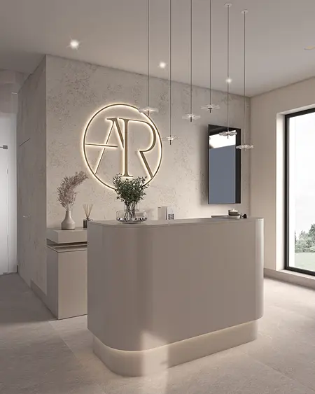 Nowoczesna recepcja z minimalistycznym blatem, oświetleniem i dekoracjami.