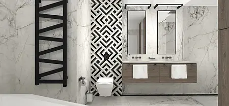 Nowoczesna łazienka z czarnymi i białymi elementami oraz drewnianymi detalami, styl dopamine decor.