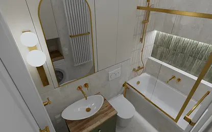 Wnętrze nowoczesnej łazienki z wanną, złotymi detalami, rustykalnymi akcentami i boho dodatkami.