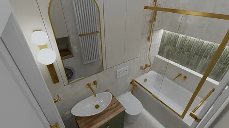Wnętrze nowoczesnej łazienki z wanną, złotymi detalami, rustykalnymi akcentami i boho dodatkami.