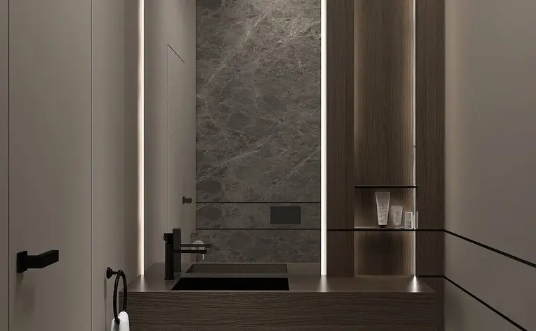 Nowoczesna łazienka w stylu minimalistycznym z drewnianą szafką i marmurową ścianą.