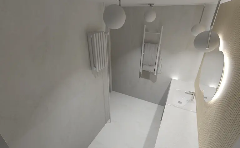 Minimalistyczna łazienka w stylu nowoczesnym i skandynawskim z szarymi ścianami.